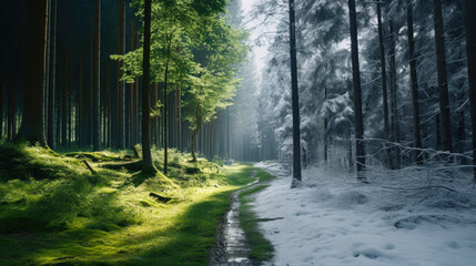 Contrasting Seasons: Path Through Time from summer to winter and change of climate concept