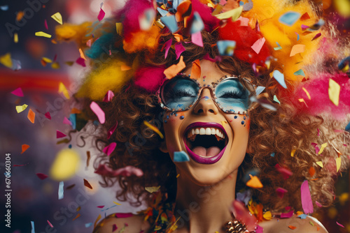 An Elegant Lady Women in Dress in Colorful and Creative Makeup Costume in the Style of Baroque Madness with A Tossing Confetti Petals