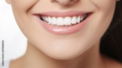 smiling young woman with teeth on grey background, closeup