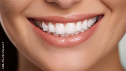smiling young woman with teeth on grey background  closeup