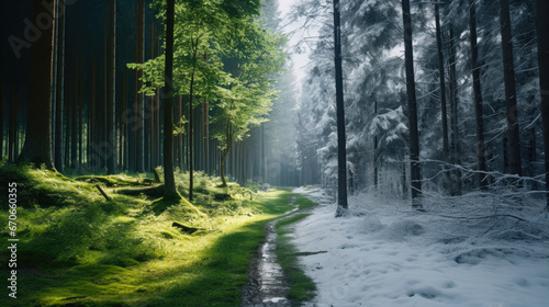Contrasting Seasons: Path Through Time from summer to winter and change of climate concept