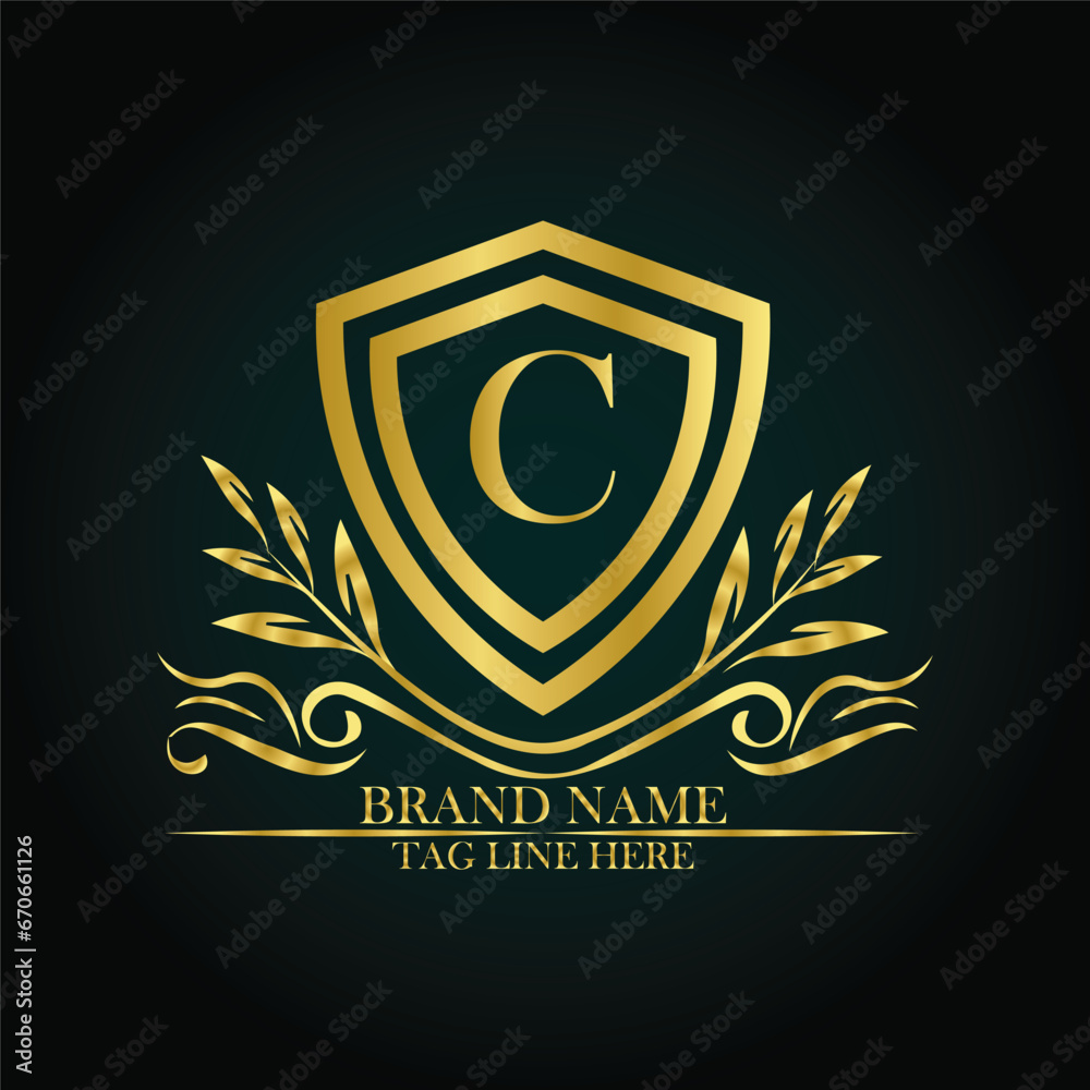 C luxury letter logo template in gold color. Elegant gold shield icon. Premium brand identity emblem. Royal coat of arms company label symbol. Modern vector Royal premium logo template vector C luxury letter logo template in gold color. Elegant gold shield icon. Premium brand identity emblem. Royal coat of arms company label symbol. Modern vector Royal premium logo template vector