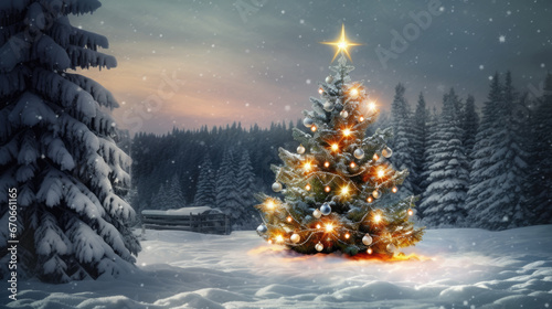 Beautiful decorated Christmas tree in a snowed cold winter landscape. © MP Studio