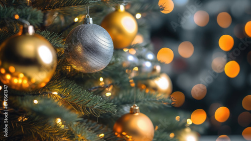 Decorated Christmas tree on blurred background.
