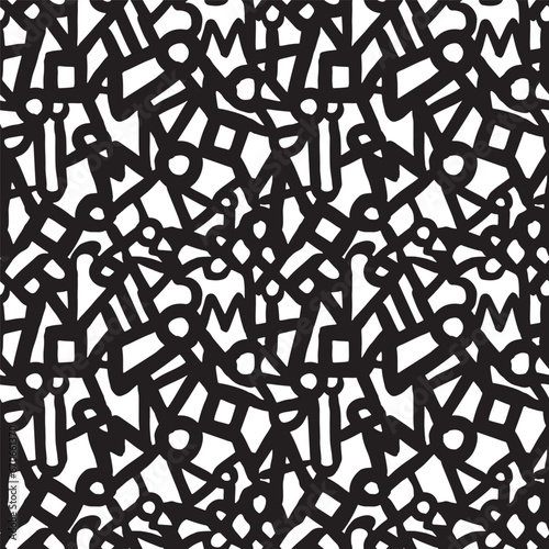 Black paint brush strokes vector seamless pattern. Shuffled letters for fabric and wallpaper