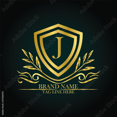 J luxury letter logo template in gold color. Elegant gold shield icon. Premium brand identity emblem. Royal coat of arms company label symbol. Modern vector Royal premium logo template vector