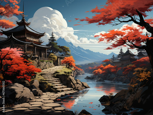 Detailed rendering meets flat color style draw, depicting a picturesque Japanese village landscape. photo
