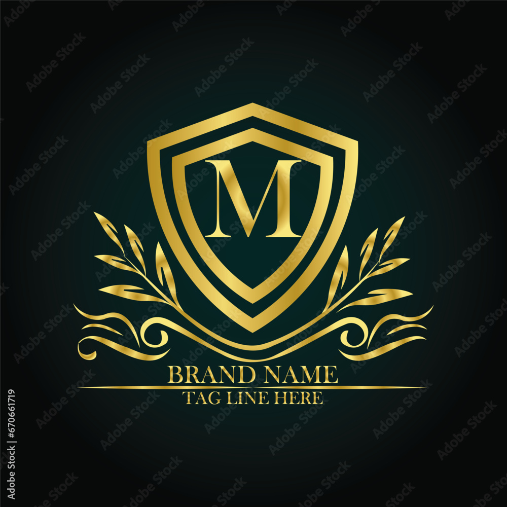 M luxury letter logo template in gold color. Elegant gold shield icon. Premium brand identity emblem. Royal coat of arms company label symbol. Modern vector Royal premium logo template vector M luxury letter logo template in gold color. Elegant gold shield icon. Premium brand identity emblem. Royal coat of arms company label symbol. Modern vector Royal premium logo template vector