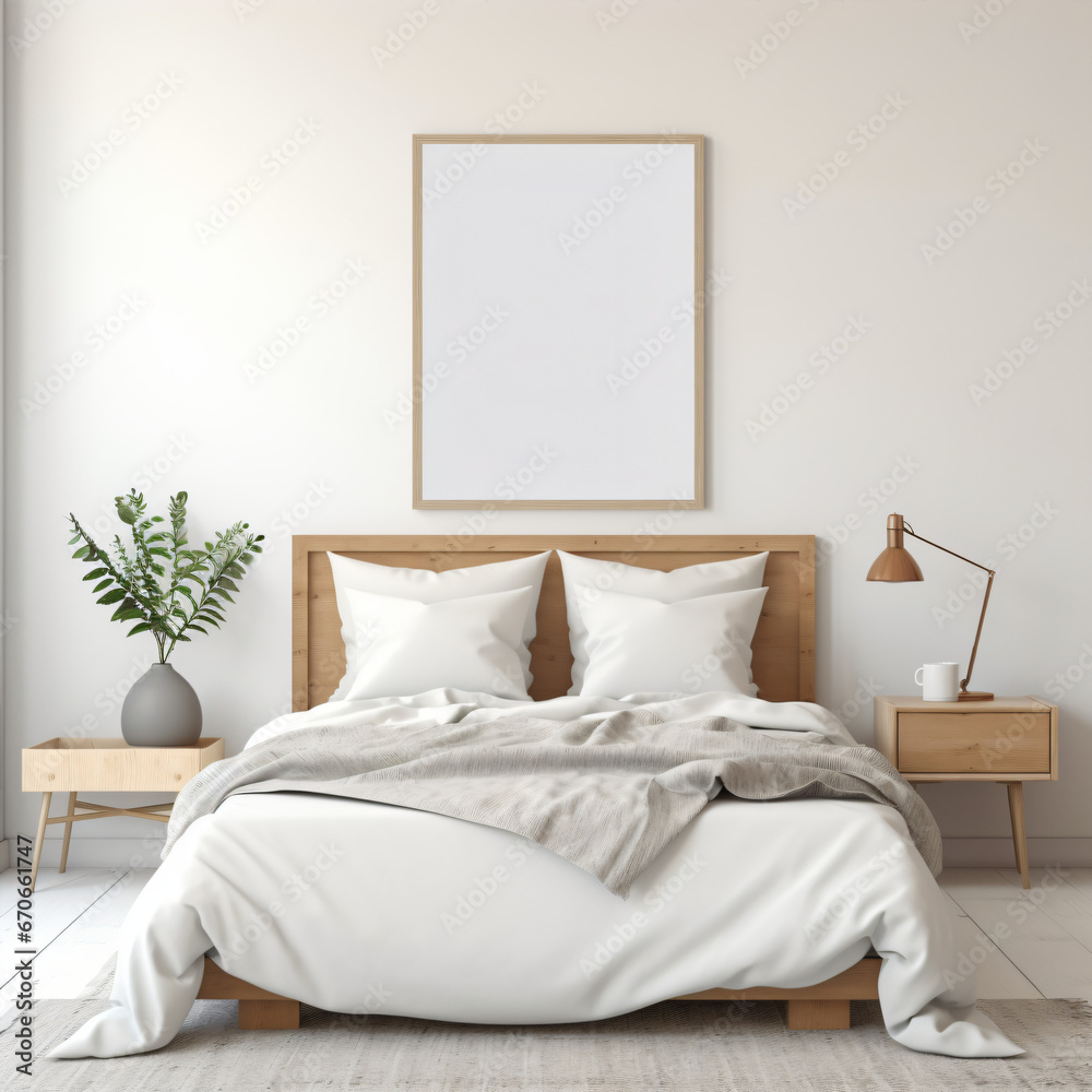 Mock up poster frame, Empty picture frame above the bed, elegant bedroom, neutral color interior design Mock up poster frame, Empty picture frame above the bed, elegant bedroom, neutral color interior design