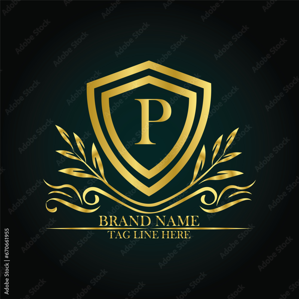 P luxury letter logo template in gold color. Elegant gold shield icon. Premium brand identity emblem. Royal coat of arms company label symbol. Modern vector Royal premium logo template vector P luxury letter logo template in gold color. Elegant gold shield icon. Premium brand identity emblem. Royal coat of arms company label symbol. Modern vector Royal premium logo template vector