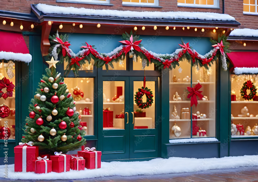 Christmas tree on background of store window with red and white Christmas toys and gift boxes. Home decoration. Generative AI Christmas tree on background of store window with red and white Christmas toys and gift boxes. Home decoration. Generative AI