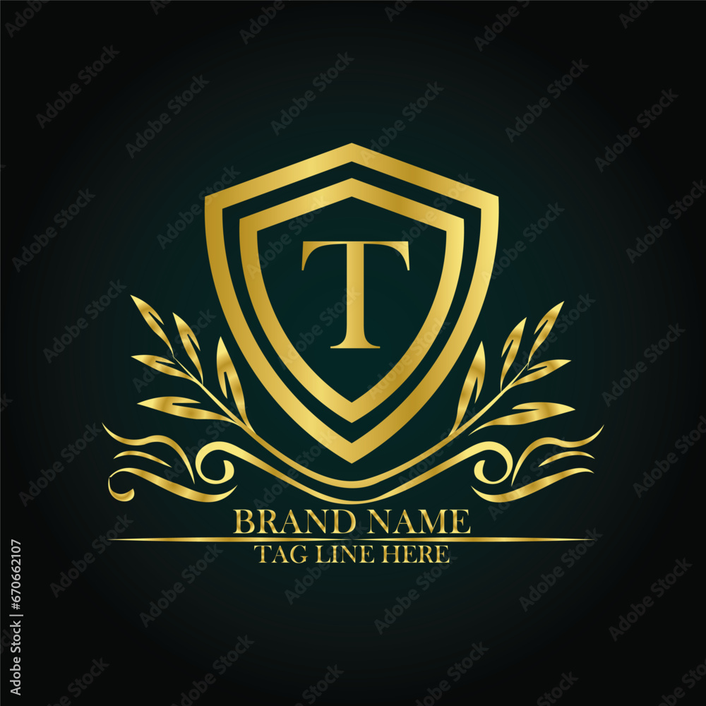T luxury letter logo template in gold color. Elegant gold shield icon. Premium brand identity emblem. Royal coat of arms company label symbol. Modern vector Royal premium logo template vector T luxury letter logo template in gold color. Elegant gold shield icon. Premium brand identity emblem. Royal coat of arms company label symbol. Modern vector Royal premium logo template vector