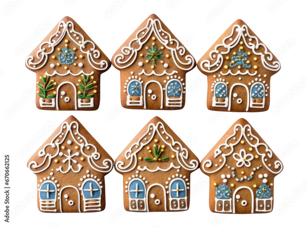 Set of Homemade gingerbread house and cookies isolate background