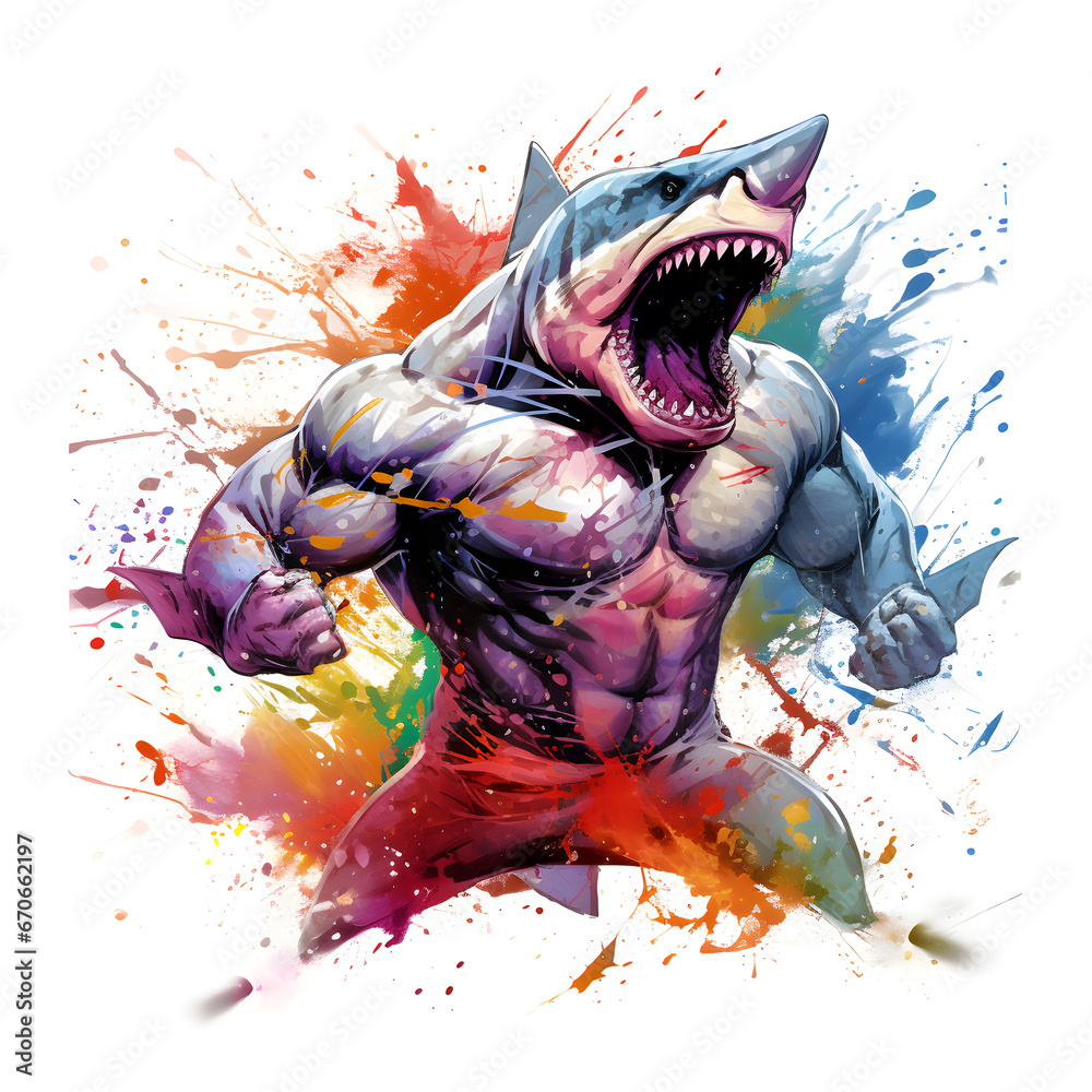 paint style angry fighter shark water color illustration generative ai