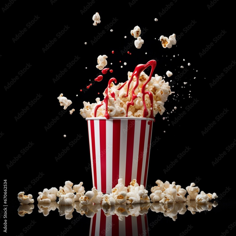 Popcorn falling out of red striped paper cup on white