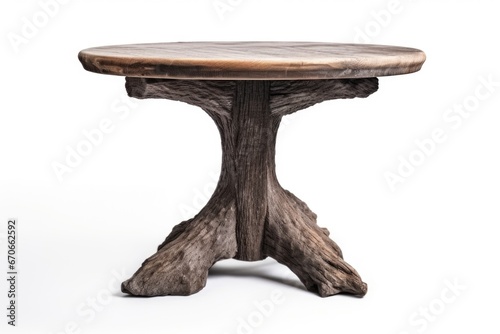 A wooden table with a tree stump base.