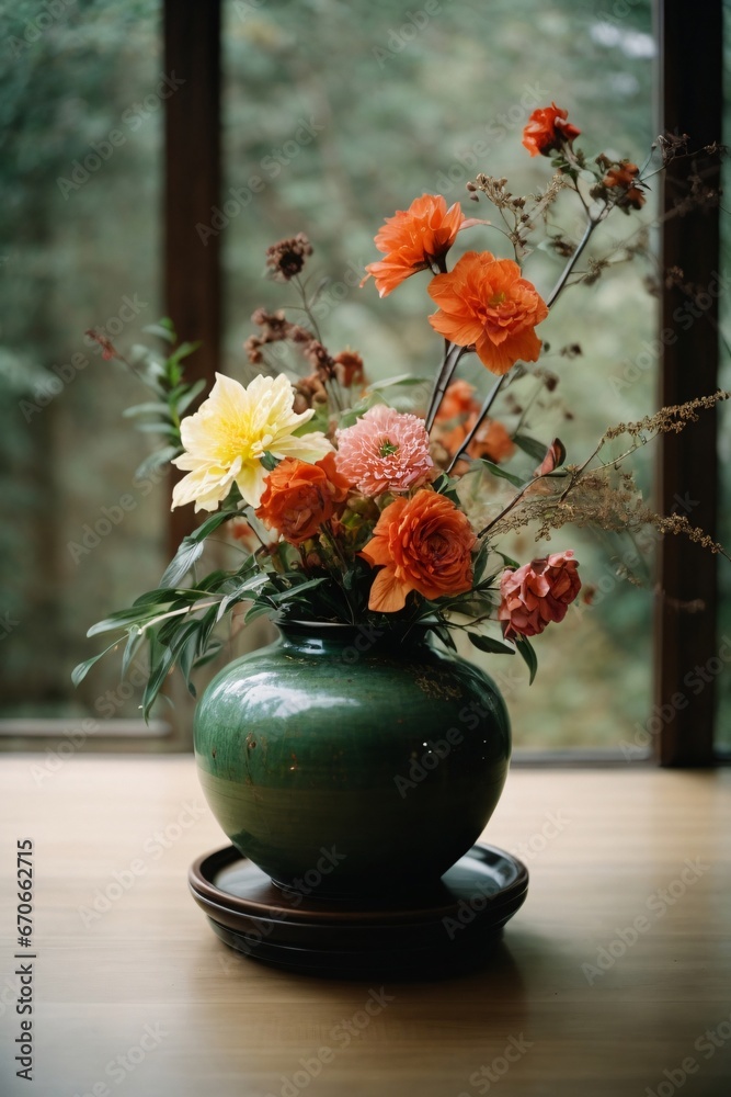 Beautifully arranged colorful bouquet in Japanese style - ikebana concept. Generative Ai. Beautifully arranged colorful bouquet in Japanese style - ikebana concept. Generative Ai.