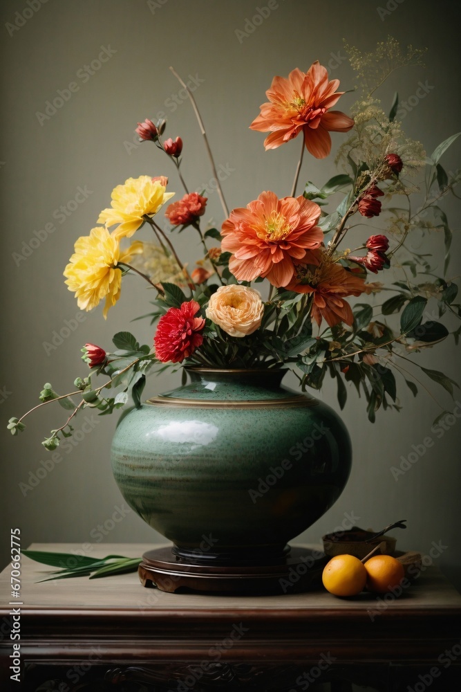 Beautifully arranged colorful bouquet in Japanese style - ikebana concept. Generative Ai. Beautifully arranged colorful bouquet in Japanese style - ikebana concept. Generative Ai.