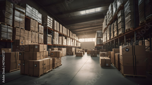 Warehouse with neatly stacked parcels and packages, ready for shipment and delivery. Organized storage facility.