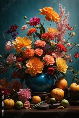 Beautifully arranged colorful bouquet in Japanese style - ikebana concept. Generative Ai.