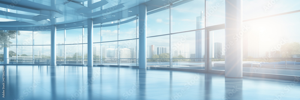 A hall of an office or medical institution with panoramic windows and a perspective. Light blurred background without people. AI generated banner image. A hall of an office or medical institution with panoramic windows and a perspective. Light blurred background without people. AI generated banner image.