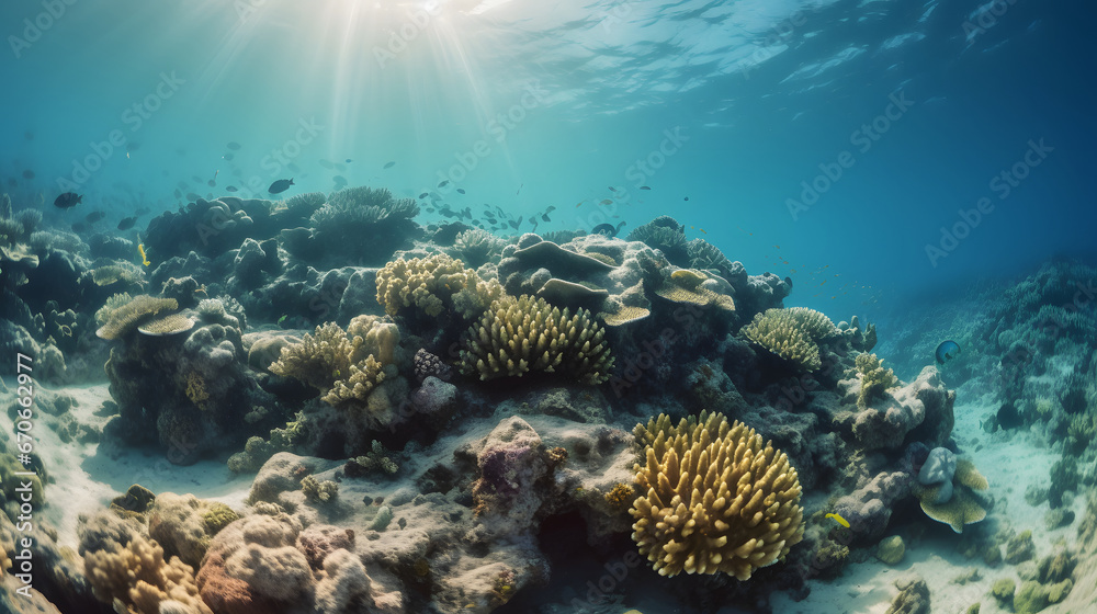 Dive into the beauty of a lush coral reef. Colorful corals provide a home for a variety of small, vibrant fish. Captivating underwater ecosystem.