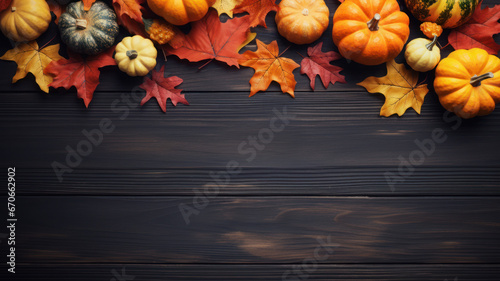 Festive Autumn Decor on Black Wooden Background, Pumpkin aand Leaves on Dark Wood