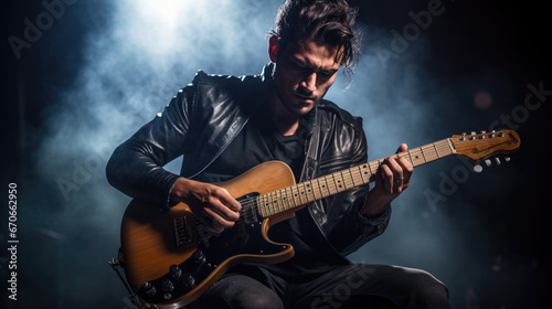 Male musician playing guitar at a rock concert