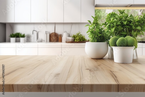 wooden countertop with green plants on the background of the interior of a kitchen
