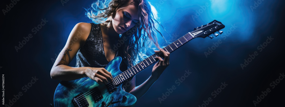 Young female musician playing guitar at a rock concert - obrazy, fototapety, plakaty 