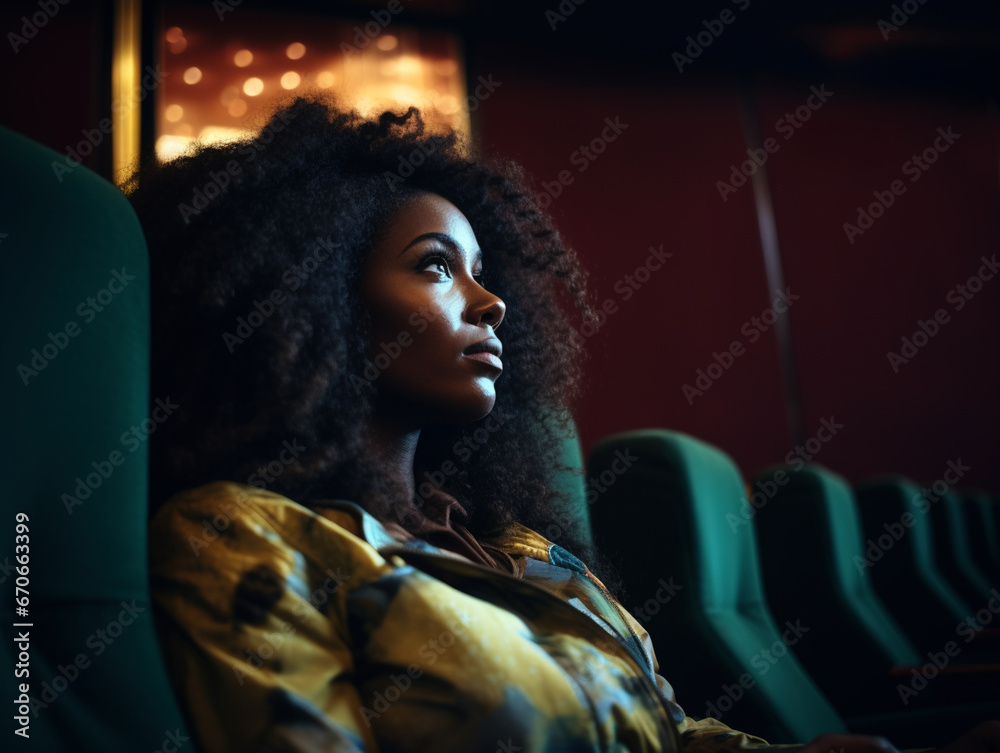 Young beautiful black woman watching movie in cinema theater Young beautiful black woman watching movie in cinema theater