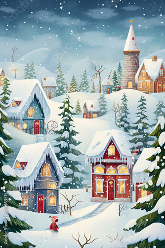 Christmas card. Snowy fairytale city. Generative AI