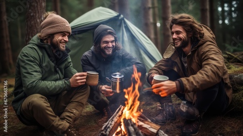 Group of male hikers around fire enjoying conversation by tent in autumn forest. Three young men with beards congregate around campfire sharing stories to make night memorable.