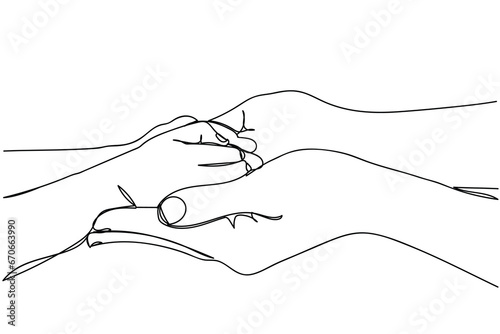 Philanthropy. kindness. Empathy. Old age care. Family bonding. Old person day. Continuous line art poster of social support. Kid holding hand of senior. Grandparents love. Mental health care. wellness