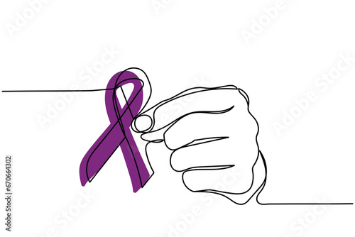 purple Ribbon for Violence, Pancreatic, Esophageal, Testicular cancer, Alzheimer, epilepsy, lupus, Sarcoidosis and Fibromyalgia. Awareness month and World cancer day concept. Continuous line art