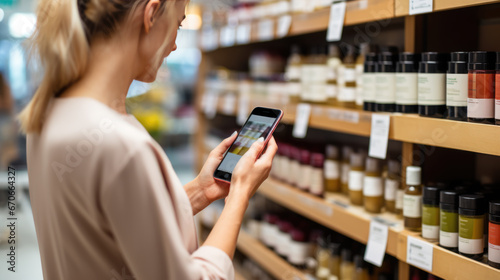 Smiling young woman with smart phone grocery shopping in supermarket photo