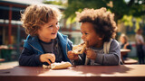Two children eating school lunch during recess outside
