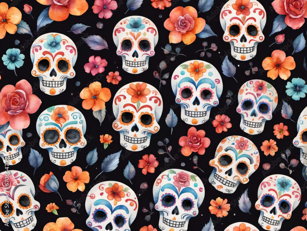 A Pattern With Skulls And Flowers