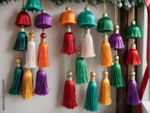A Christmas Tree With Colorful Tas Hanging From The Top