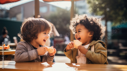 Two children eating school lunch during recess outside photo