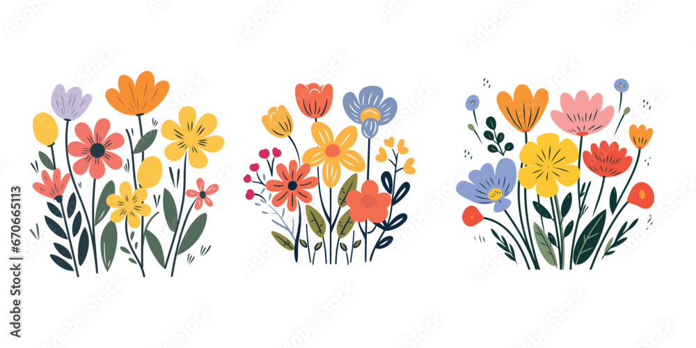Set of hand drawn vector illustrations with colorful flowers. Isolated objects on white background.