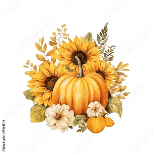 Watercolor Thanksgiving Day illustration with bright pumpkins  black flowers and leaves  bones drawn by hand. Thanksgiving Day illustration for sticker  invitation  poster  packaging  designs  cards