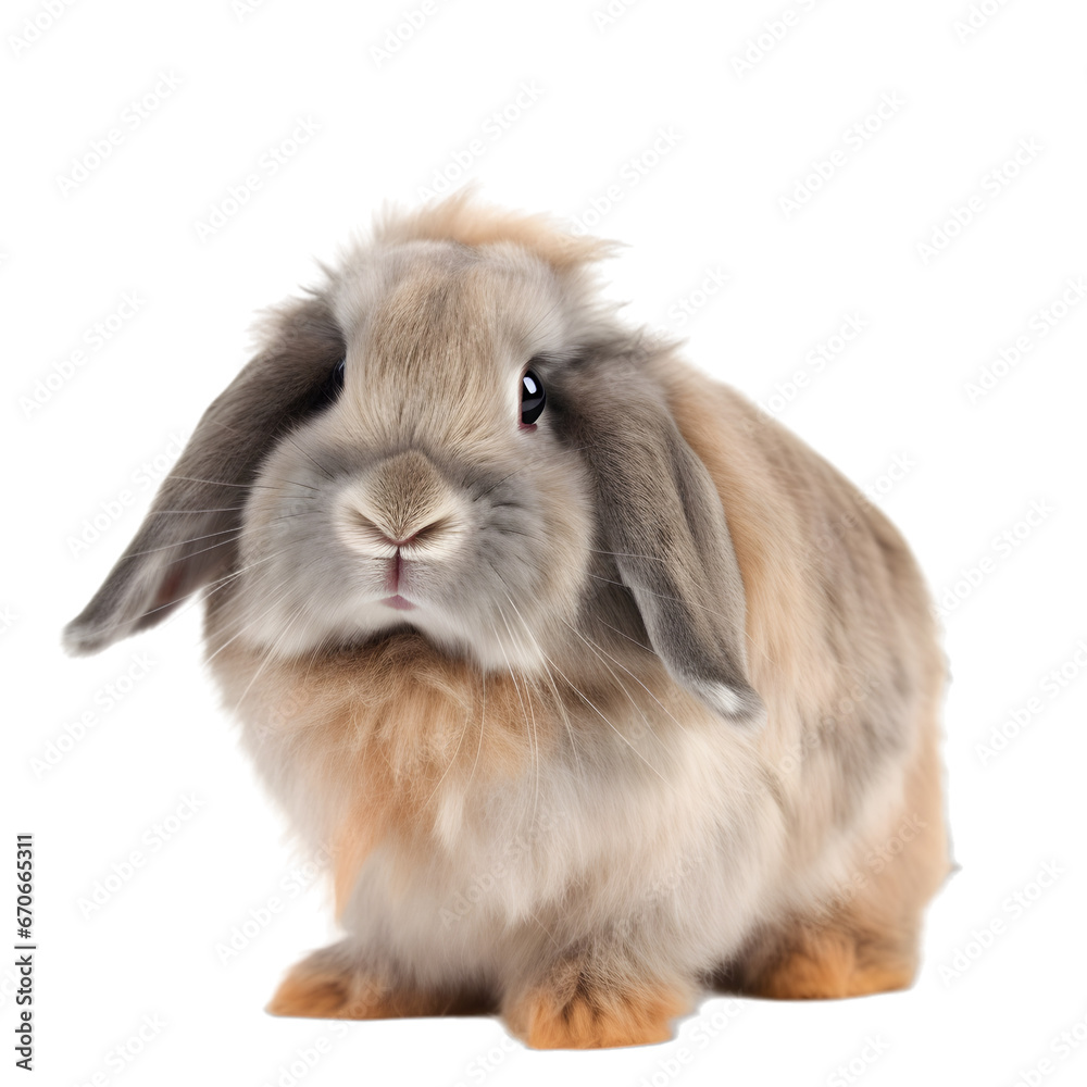 front view, adorable brown gray american fuzzy lop rabbit sitting against transparent background, looking at camera. 