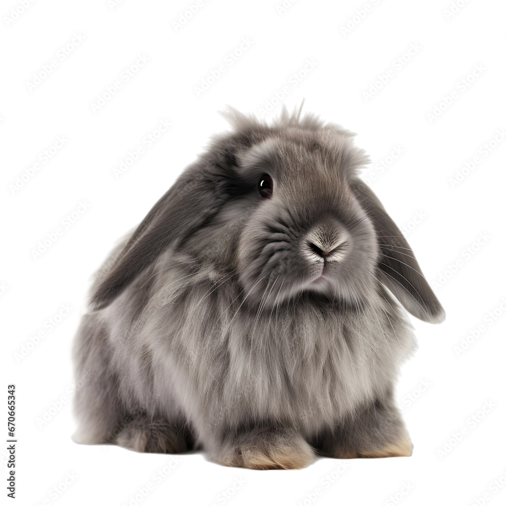 half side view, adorable gray american fuzzy lop rabbit sitting against transparent background. half side view, adorable gray american fuzzy lop rabbit sitting against transparent background.