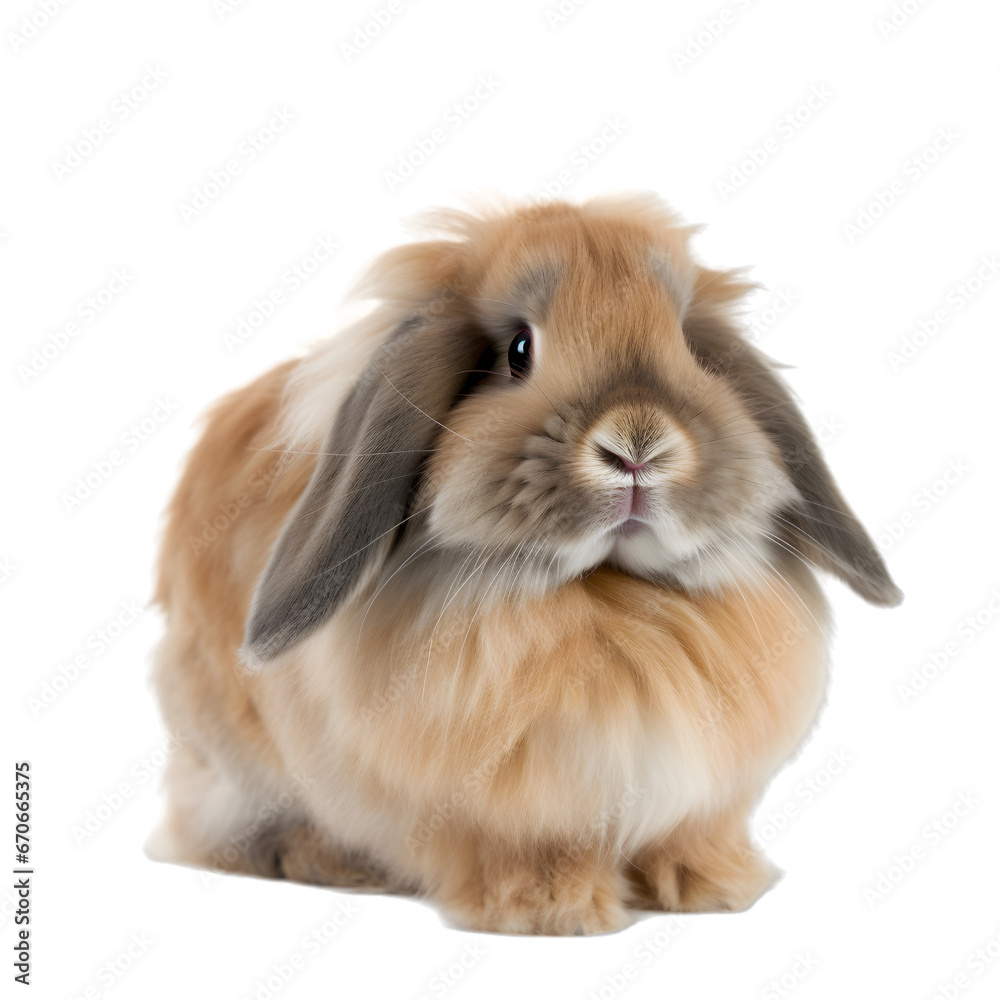 front view, adorable brown american fuzzy lop rabbit sitting against transparent background. front view, adorable brown american fuzzy lop rabbit sitting against transparent background.