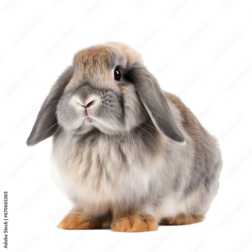 Adorable light gray american fuzzy lop rabbit sitting against transparent background, facing to camera. Adorable light gray american fuzzy lop rabbit sitting against transparent background, facing to camera.
