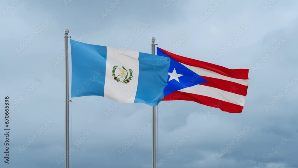 Puerto Rico and Guatemala flag waving together on cloudy sky, endless seamless loop, two country cooperation concept Puerto Rico and Guatemala flag waving together on cloudy sky, endless seamless loop, two country cooperation concept