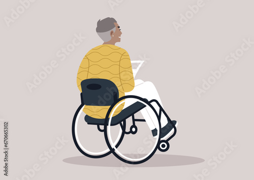 A senior woman in a wheelchair, seen from behind, reading a daily newspaper