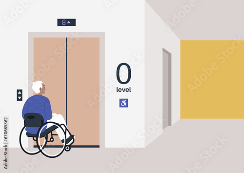 A senior character in a wheelchair waiting for the elevator on a residential building floor, indoors