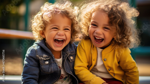 Two children laughing happily sitting at a table outside during recess at school